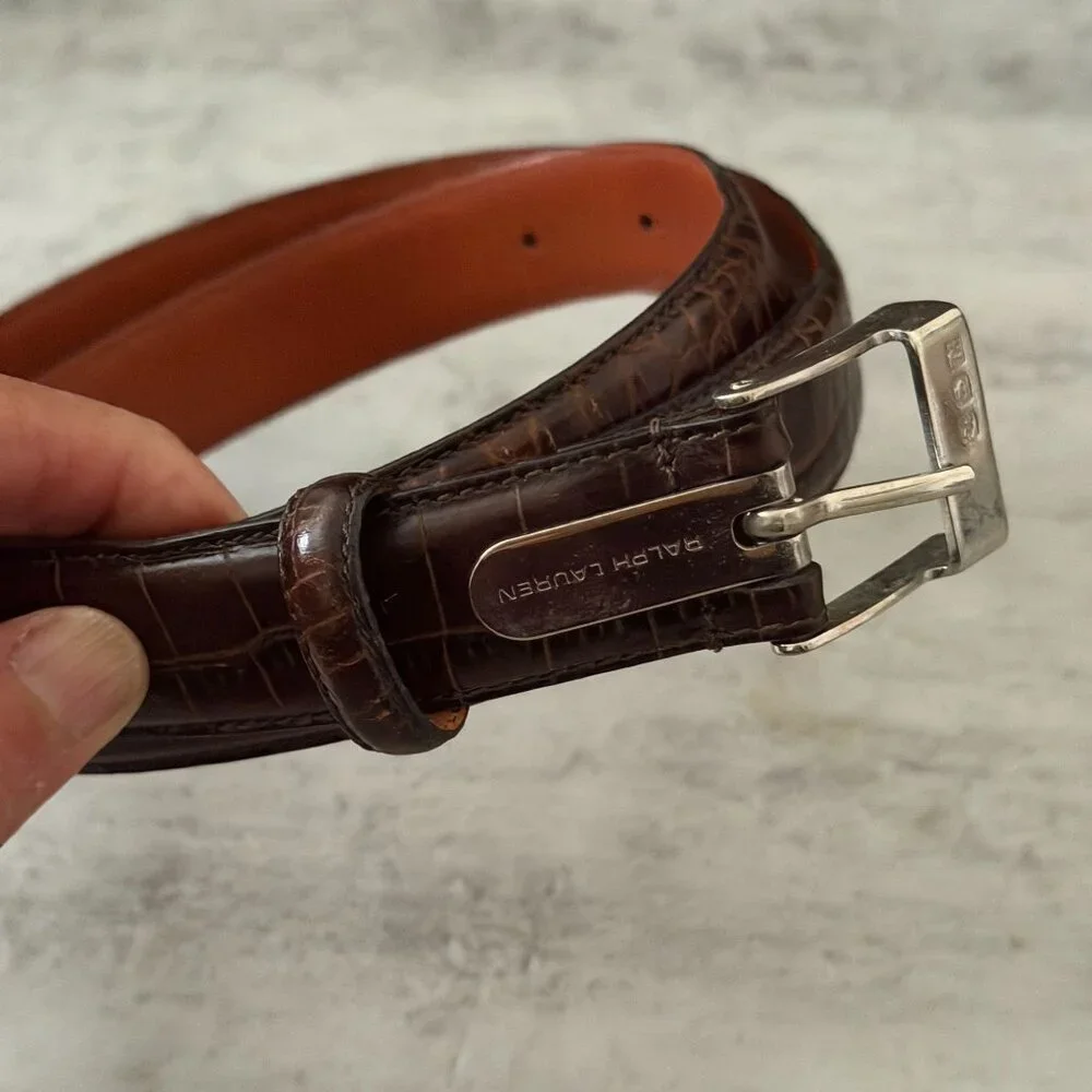 Vintage Ralph Lauren Brown Leather Embossed Crocodile Belt Silver Tone Buckle M